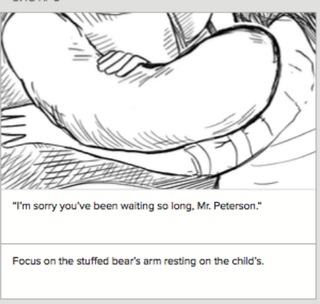 Storyboard Shot 9: close-up of the stuffed bear resting on the child’s arm